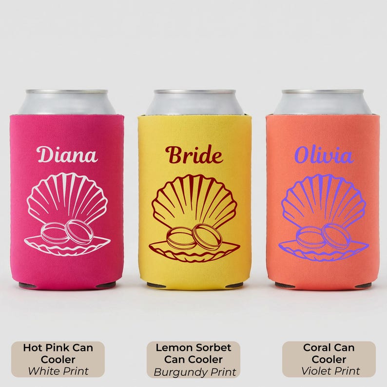 Personalized Seashell Pearl Can Cooler, Bachelorette Favors, Coastal ...