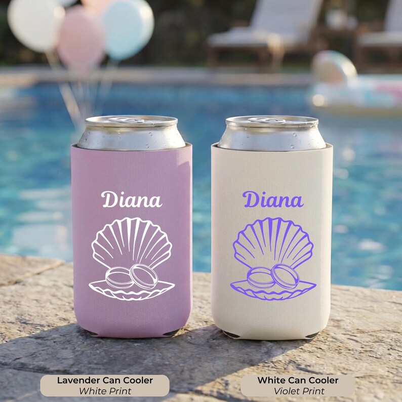 Personalized Seashell Pearl Can Cooler, Bachelorette Favors, Coastal ...
