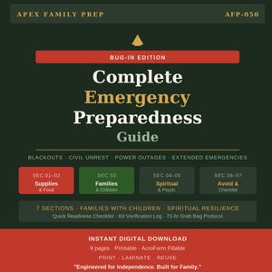 May include: A digital guide titled "Complete Emergency Preparedness Guide" with sections on supplies, families, and spiritual resilience. The guide is a printable, instant digital download with 9 pages. The cover is dark green with red and gold accents.