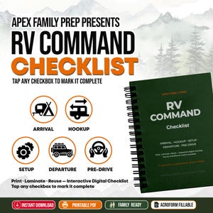 May include: A green spiral-bound RV Command Checklist with the text "RV Command Checklist" and icons for Arrival, Hookup, Setup, Departure, and Pre-Drive. The checklist is designed for RV travel and includes the text "Instant Download" and "Printable PDF."