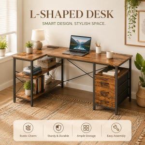Rustic Brown L Shaped Computer Desk with Drawers and Outlets
