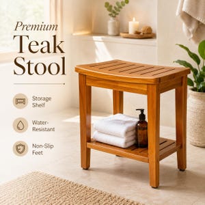 May include: A rectangular teak stool with a slatted top and a lower storage shelf. The stool features four sturdy legs with non-slip feet. Text on the image reads: Premium Teak Stool, Storage Shelf, Water-Resistant, and Non-Slip Feet.