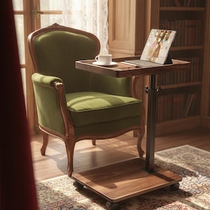 May include: A mobile dark wood side table with a rectangular top and base, featuring a height-adjustable central metal pole and four caster wheels. A white ceramic cup and a tablet computer are placed on the table surface next to a green armchair.