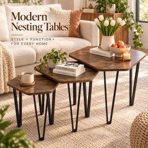 May include: A set of three nesting tables with dark brown wood-grain tops and black metal hairpin legs. The tables are arranged in a stepped formation. Text on the image reads: Modern Nesting Tables, Style • Function • For Every Home.