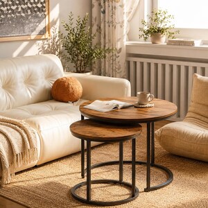 May include: A set of two round nesting tables with dark brown wood-grain tops and black metal frames. The larger table holds an open book and a ceramic mug on a coaster, while the smaller table is positioned partially underneath the larger one.