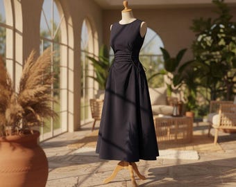 Navy Blue Pleated Maxi Dress, Sleeveless A Line Summer Dress, Elegant Brunch Outfit