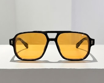 Okulary przeciwsłoneczne Vintage Aviator Unisex — czarna oprawka z bursztynowo-pomarańczowymi soczewkami