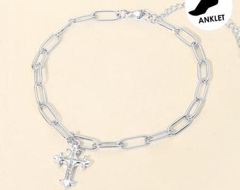 YOUR CHOICE! Stainless Steel Stone Cross Charm Paperclip Chain Anklet (WT)
