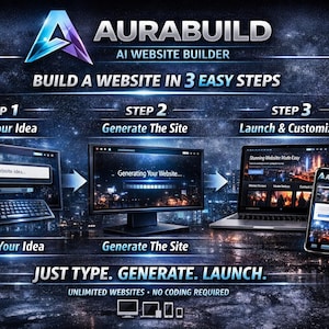 Puede incluir: Un anuncio de AuraBuild, un creador de sitios web con IA. La imagen muestra el proceso en tres pasos: Escribe tu idea, Genera el sitio y Lanza y personaliza. El texto dice: "JUST TYPE. GENERATE. LAUNCH. UNLIMITED WEBSITES. NO CODING REQUIRED."