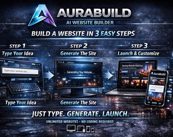 May include: An advertisement for AuraBuild, an AI website builder. The image shows the process in three steps: Type Your Idea, Generate The Site, and Launch & Customize. The text reads "JUST TYPE. GENERATE. LAUNCH. UNLIMITED WEBSITES. NO CODING REQUIRED."