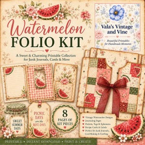 May include: A Watermelon Folio Kit printable collection featuring vintage-style paper crafts, including journaling pages, pockets, tags, and ephemera. The design displays watermelon slices, floral patterns, and text such as Watermelon Folio Kit.