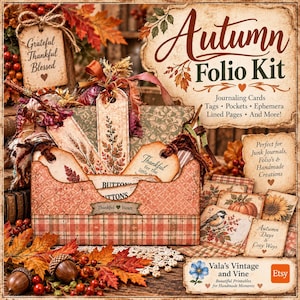 May include: An Autumn Folio Kit featuring paper ephemera, journaling cards, tags, and pockets with fall-themed designs including pumpkins, sunflowers, birds, and foliage. The kit includes printed paper elements with text like Grateful, Thankful, Blessed, and Autumn Days & Cozy Ways, displayed in a decorative paper holder.