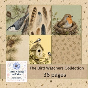 Op de afbeelding: Een digitale printbare collectie getiteld The Bird Watchers Collection met 36 pagina's. Het bevat zes panelen met vogels, veren, een nest, een vogelhuisje en bloemmotieven in aardetinten, met een logo voor Vala's Vintage and Vine.