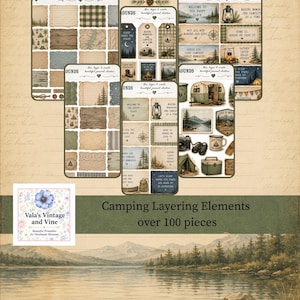Camping Cluster Builder Kit: Vintage Ephemera, Woodland Journal Elements (digital nedladdning)