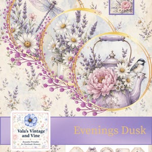 Puede incluir: Una hoja de collage digital con lavanda, margaritas, una libélula y una tetera morada con flores y un pájaro. El diseño incluye marcos circulares dorados, un recuadro rectangular y etiquetas decorativas. El texto dice Vala's Vintage and Vine.