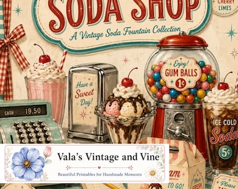 May include: A decorative sign featuring The Corner Soda Shop with illustrations of a milkshake, a sundae, a gumball machine, and a soda glass. Text includes Sweet Memories, Good Times, Have a Sweet Day, Ice Cold Soda, and Vala's Vintage and Vine.