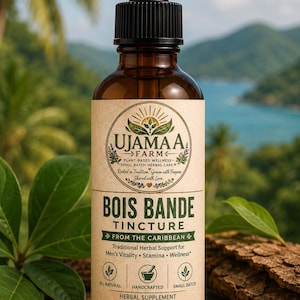 May include: A 2 fluid ounce amber glass dropper bottle of Ujamaa Farm Bois Bande tincture. The beige label features the brand name, product title, and text including Plant-Based Wellness, From the Caribbean, and Herbal Supplement 2 FL OZ (60 ML).