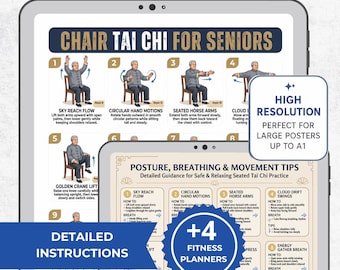 Tai-chi sur chaise pour personnes âgées, tableau imprimable d'exercices sur chaise PDF, affiche de tai-chi à télécharger JPG, guide d'entraînement assis