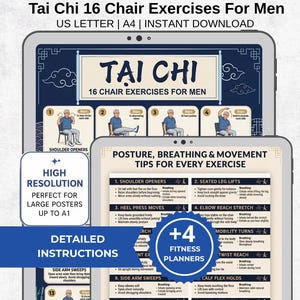 Könnte beinhalten: Digitaler Download eines Tai Chi 16 Stuhl Übungen-Leitfadens. Das Design umfasst detaillierte Anweisungen, Haltungstipps und Fitnessplaner. Der Text ist in einem klaren, gut lesbaren Format, ideal für große Poster bis zu A1.