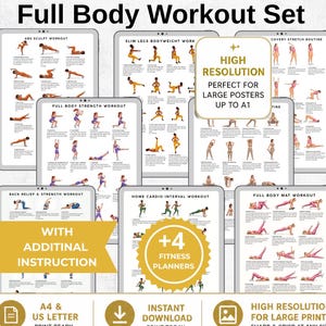 May include: A full body workout set with multiple fitness planners. The set includes workout routines for abs, slim legs, full body strength, back relief, home cardio, and full body mat workouts. The set is print ready and available for instant download.