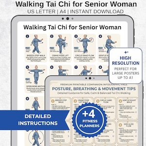 Può includere: Una stampa digitale intitolata "Walking Tai Chi for Senior Woman" con istruzioni dettagliate e consigli sulla postura. L'immagine include diagrammi di movimenti di Tai Chi e il testo "High Resolution" e "Fitness Planners".