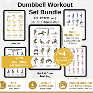 May include: A digital set of fitness planners for dumbbell workouts. The set includes workout routines for lower abs, back and core training, full body, and arms and shoulders. The planners are high resolution and print ready.