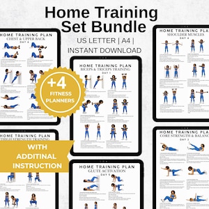 May include: A digital home training set bundle with six fitness planners displayed on black tablets. The planners include workout routines for chest, upper back, biceps, triceps, shoulders, thighs, glutes, and core. The bundle includes US Letter and A4 sizes.