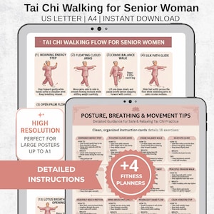 Può includere: Un download digitale con istruzioni di Tai Chi per camminare per anziani. Il design include una guida dettagliata per una pratica di Tai Chi sicura e rilassante, con diagrammi e testo. Include +4 pianificatori di fitness.