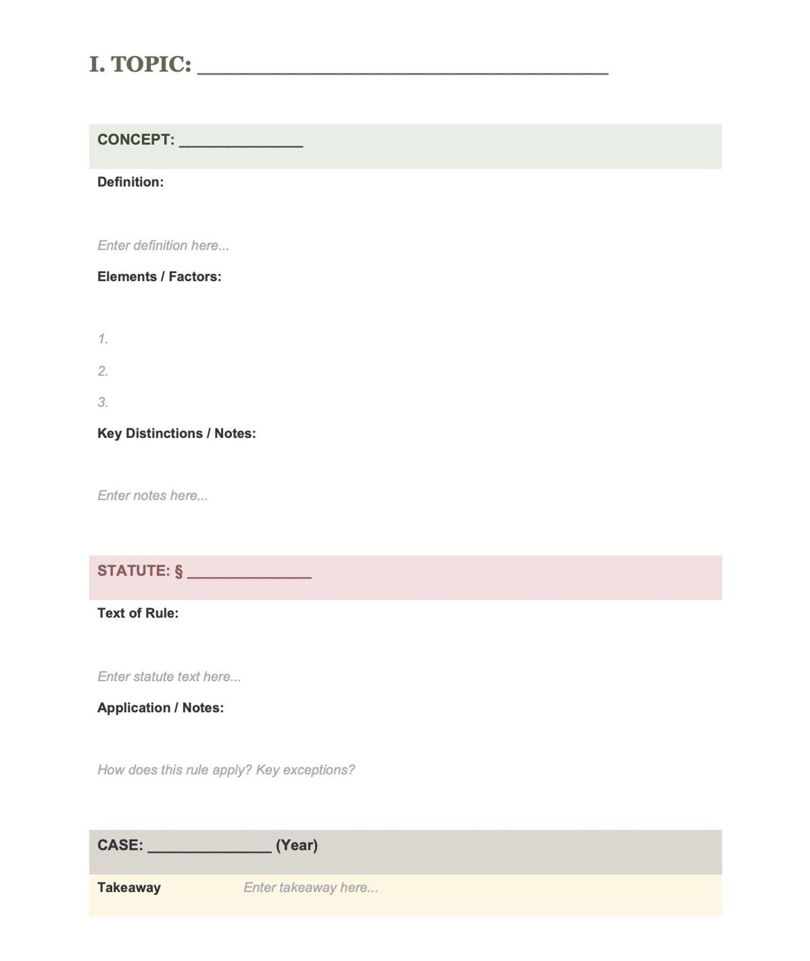 Law School Course Outline Template | Color Coded Expandable DOCX ...