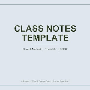 Può includere: Un modello digitale azzurro con il titolo "CLASS NOTES TEMPLATE" in un carattere verde scuro. Il modello è per il metodo Cornell, riutilizzabile e in formato DOCX. Il testo aggiuntivo include: "6 Pagine | Word & Google Docs | Download istantaneo."