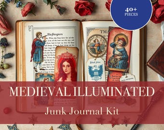 Medieval Illuminated Junk Journal Kit | Knight & Manuscript Ephemera Papers | Printable Cut-Outs | Digital Download