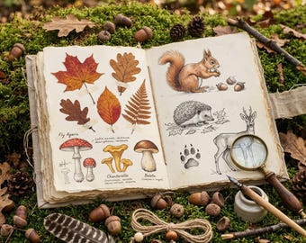 Woodland Junk Journal Kit | Herbst Wald Pilz Tiere Ephemera + Druckbare Arbeitsblätter | Digitaler Download