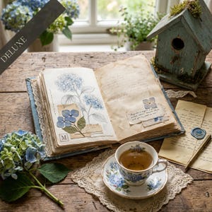 Pode incluir: Um diário aberto com páginas de papel envelhecido com ilustrações de hortênsias azuis e flores prensadas, uma chávena de chá com padrão floral, uma caneta dourada, um selo de cera e uma casa de pássaros de madeira desgastada.
