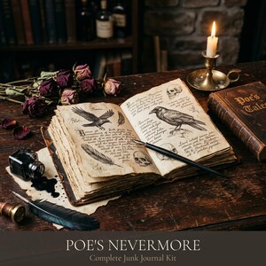 May include: An open journal with aged, yellowed pages featuring illustrations of a raven, a feather, and skulls, alongside handwritten text. A black fountain pen rests on the pages, with a glass inkwell, a dark feather quill, and dried roses nearby.