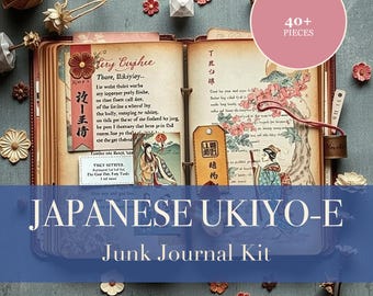 Japanese Ukiyo-e Junk Journal Kit | Cherry Blossom & Crane Ephemera Papers | Printable Cut-Outs | Digital Download