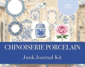 Chinoiserie Porcelain Junk Journal Kit | Blue White Peony Ephemera Papers (Digital Download)
