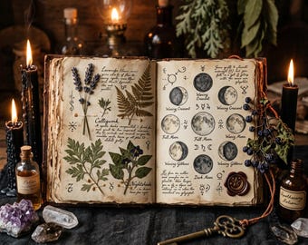 Witch Garden Grimoire Kit | Vintage Herbal Ephemera, Moon Phases (Digital Download)