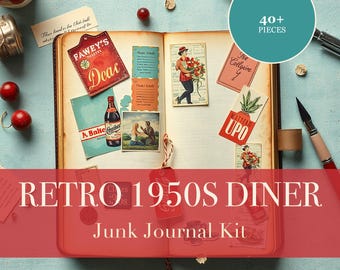 Retro 1950s Diner Junk Journal Kit | Milkshake & Jukebox Ephemera Papers | Printable Cut-Outs | Digital Download
