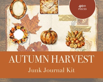 Autumn Harvest Junk Journal Kit | Pumpkin & Cornucopia Ephemera Papers | Printable Cut-Outs | Digital Download