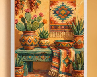 Południowo-zachodnia sztuka ścienna do druku, Santa Fe Boho, Pustynia do pobrania w wersji cyfrowej, Kaktusy do druku, Rustykalna dekoracja ścienna Adobe, Wydruk domu w stylu zachodnim