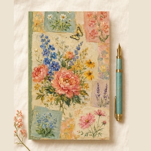 Diario con copertina rigida a motivi floreali, quaderno con patchwork di giardini dipinti, diario in stile cottagecore, quaderno a righe con fiori selvatici, regalo botanico luminoso per lei