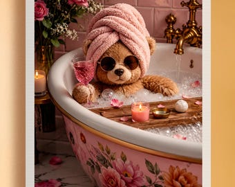 Miś z bąbelkami do kąpieli Bliss do pobrania w wersji cyfrowej, urocze dekoracje ścienne do łazienki, dekoracje spa do druku, różowa łazienka do druku, fantazyjne dekoracje do pokoju dziecięcego