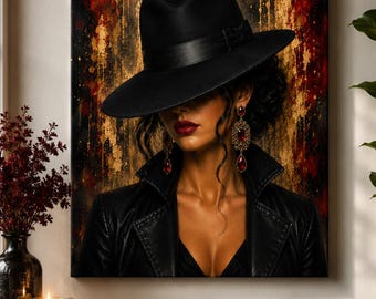 Mystery Woman Canvas Wall Art, Black Fedora Portrait, Luxury Fashion Canvas Print, Elegant Gold & Red Home Decor, Modern Glam Art, Red Woman