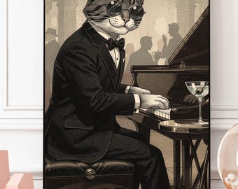 Könnte beinhalten: Ein gerahmter Wandkunstdruck, der eine getigerte Katze mit runder Sonnenbrille und einem schwarzen Smoking mit Fliege zeigt, die an einem Flügel sitzt. Ein Martiniglas mit einer Olive steht auf dem Klavier. Der Hintergrund zeigt Silhouetten.