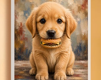 Uroczy szczeniak do wydrukowania na ścianie, Golden Retriever z Cheeseburgerem, Zabawny nadruk z psem, Fantazyjny wystrój kuchni do pobrania w wersji cyfrowej