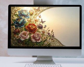 Tapeta na pulpit Radiant Bloom 4K, witrażowe tło z motywem kwiatowym, tapeta w stylu secesyjnym, do pobrania na systemy Windows i Mac