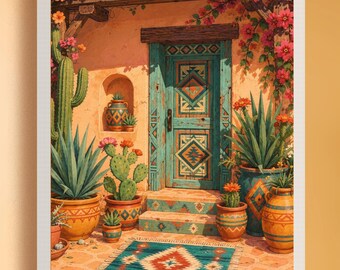 Południowo-zachodnia sztuka ścienna do druku, drzwi Santa Fe do pobrania w wersji cyfrowej, wystrój boho na pustyni, wydruki Adobe Home, sztuka kaktusów, sztuka zachodnia do druku