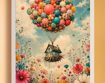 Fantazyjny, pływający dom do druku na ścianie, cyfrowe pobieranie fantazyjnych balonów, marzycielski wystrój Cottagecore, surrealistyczny wydruk artystyczny nieba