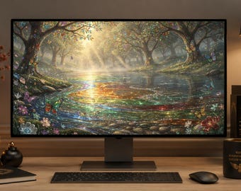 Tapeta na pulpit Fantasy Forest 4K, tło komputera z witrażową rzeką, kolorowa tapeta na Windows do pobrania, natychmiastowe pobranie cyfrowe