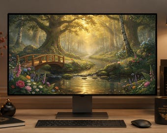Tapeta na pulpit Golden Whisper 4K, tło komputera Enchanted Forest, tapeta fantasy nature, spokojny las (pobieranie cyfrowe)
